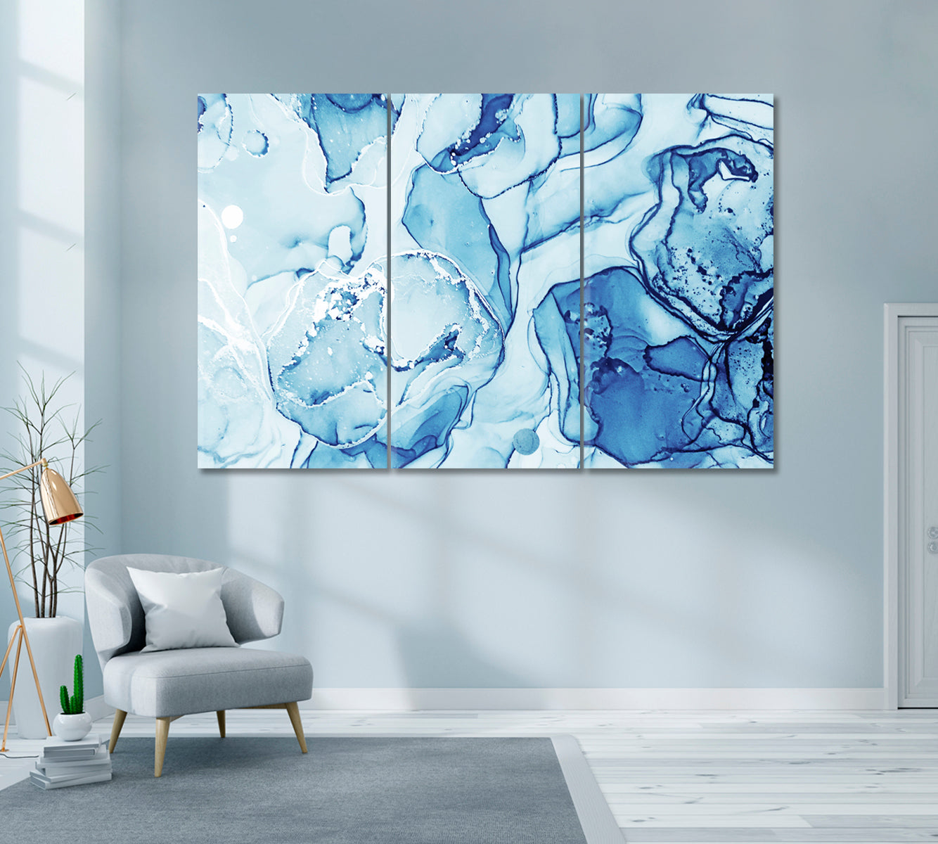 Abstract Blue Liquid Marble Canvas Print ArtLexy 3 Panels 36"x24" inches 