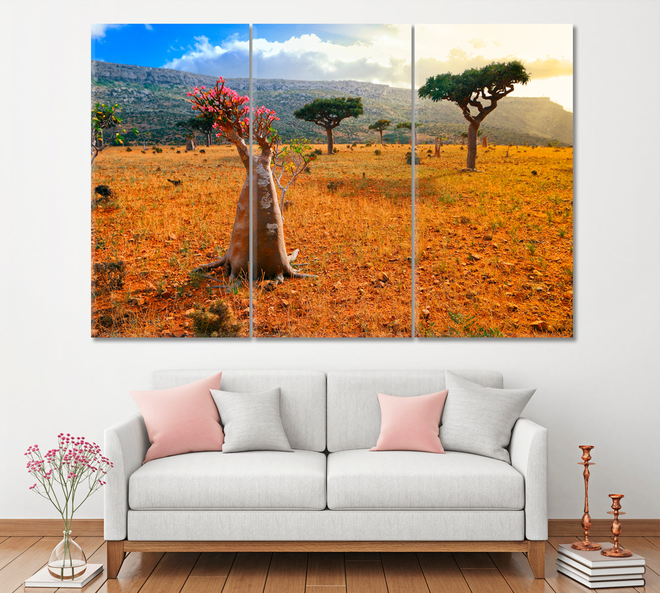 Flowering Bottle Trees (Desert Rose) Socotra Yemen Canvas Print ArtLexy 3 Panels 36"x24" inches 