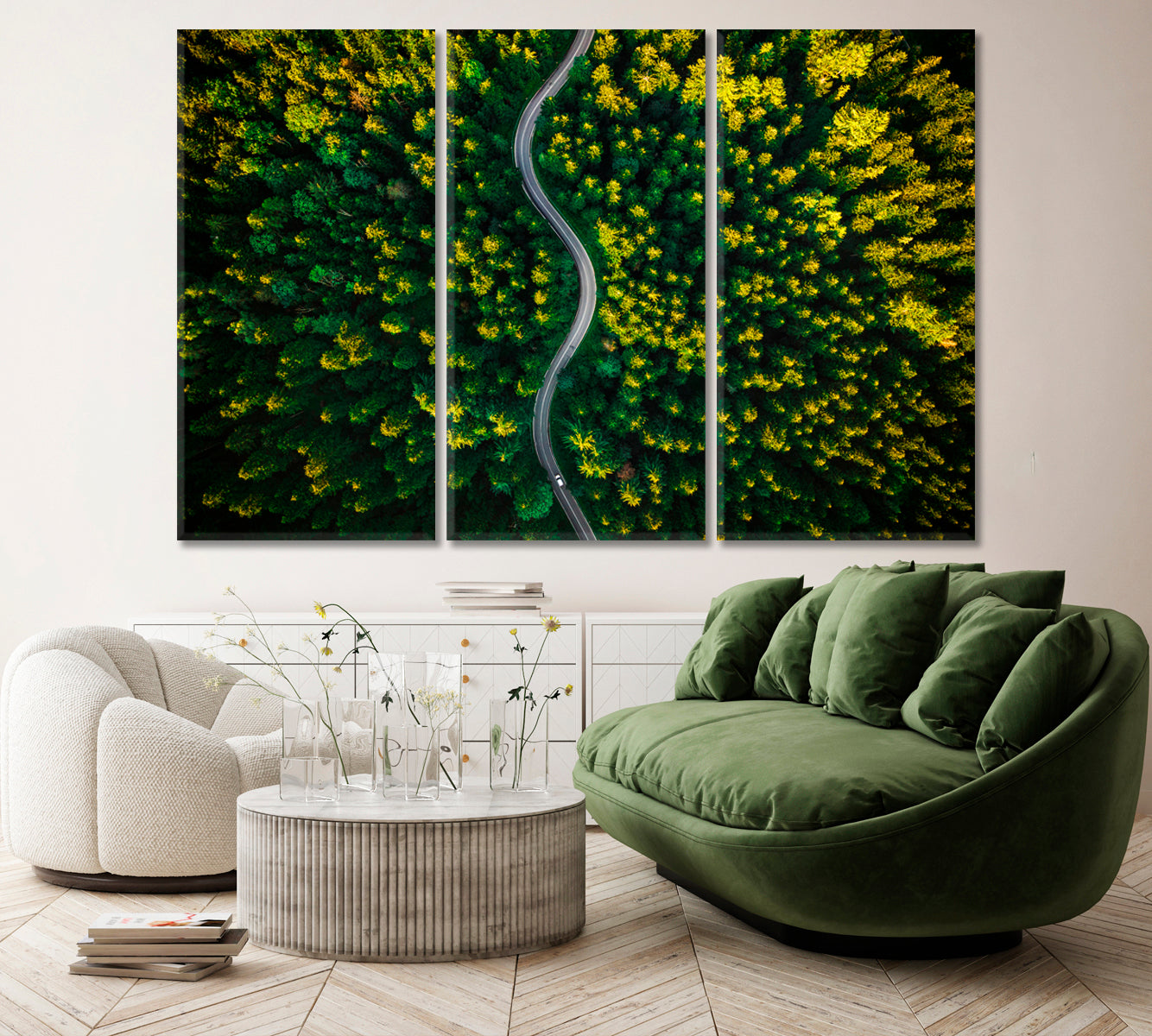 Curvy Road in Pine Forest Canvas Print ArtLexy 3 Panels 36"x24" inches 