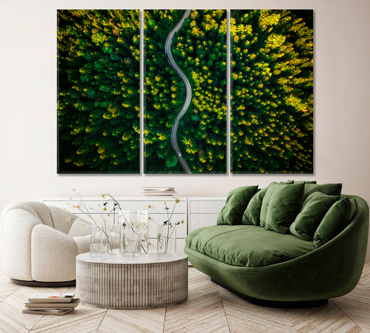 Curvy Road in Pine Forest Canvas Print ArtLexy 3 Panels 36"x24" inches 