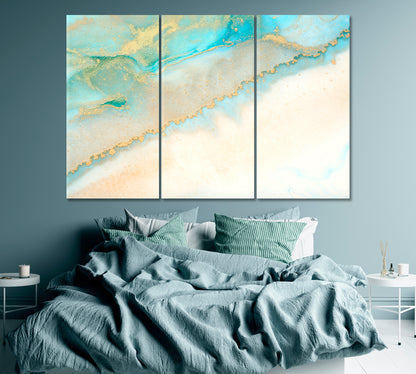 Abstract Blue and Gold Fluid Marble Canvas Print ArtLexy 3 Panels 36"x24" inches 
