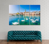 Zurich Downtown and Limmat River with Swans Canvas Print ArtLexy 3 Panels 36"x24" inches 