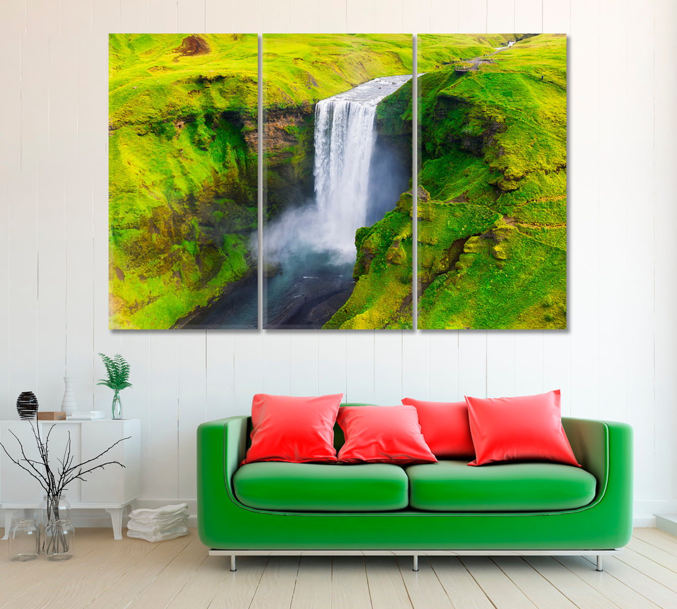 Iceland Landscape with Skogafoss Waterfall Canvas Print ArtLexy 3 Panels 36"x24" inches 