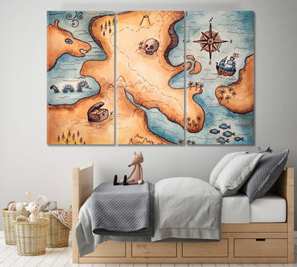 Pirate Map Canvas Print ArtLexy 3 Panels 36"x24" inches 