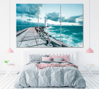 Stormy Waves over Lighthouse Canvas Print ArtLexy 3 Panels 36"x24" inches 