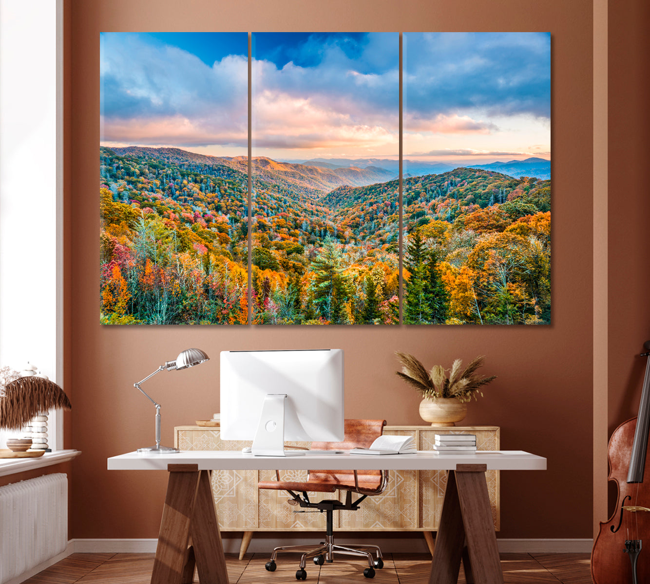 Autumn Landscape of Great Smoky Mountains Tennessee Canvas Print ArtLexy 3 Panels 36"x24" inches 