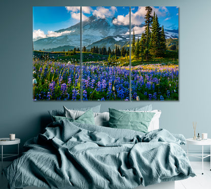 Mount Rainier with Wildflower Field Washington Canvas Print ArtLexy 3 Panels 36"x24" inches 