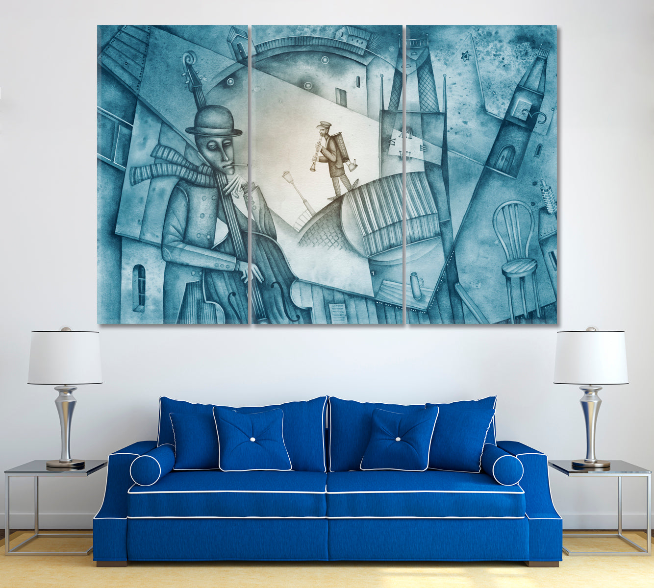 Jazz Band Playing at Street. Cubism Style Canvas Print ArtLexy 3 Panels 36"x24" inches 