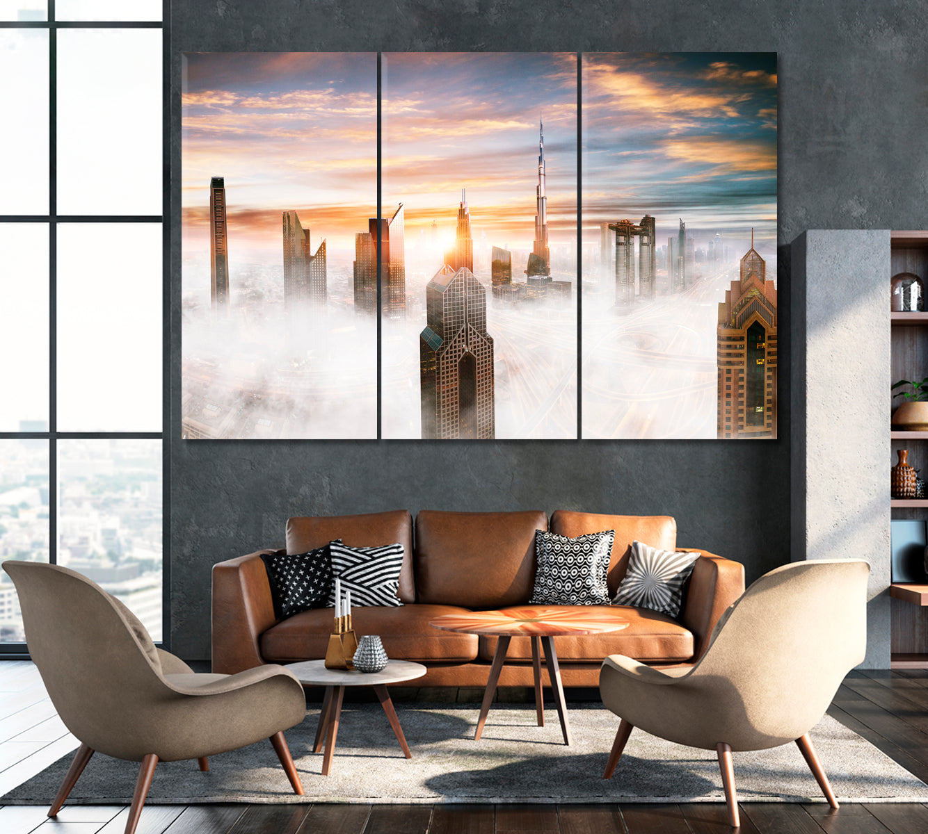 Dubai Cityscape in Fog Canvas Print ArtLexy 3 Panels 36"x24" inches 