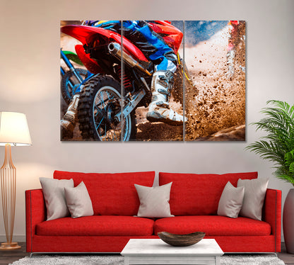 Motorcycle Race in Dirt Track Canvas Print ArtLexy 3 Panels 36"x24" inches 