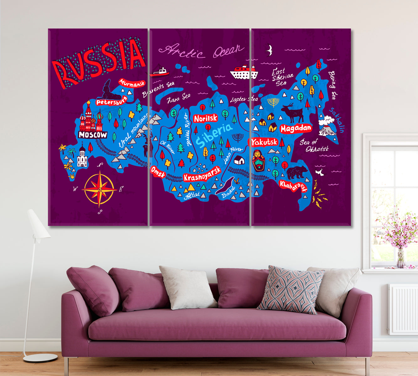 Illustrated Map of Russia Canvas Print ArtLexy 3 Panels 36"x24" inches 