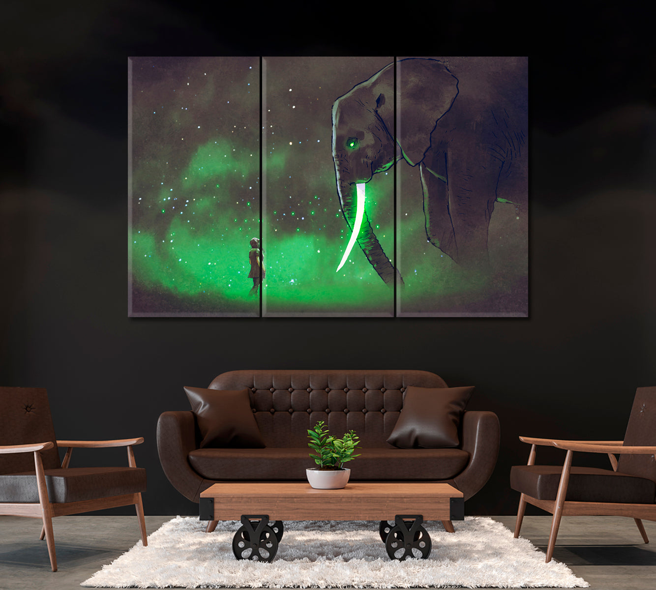 Girl with Giant Elephant Canvas Print ArtLexy 3 Panels 36"x24" inches 