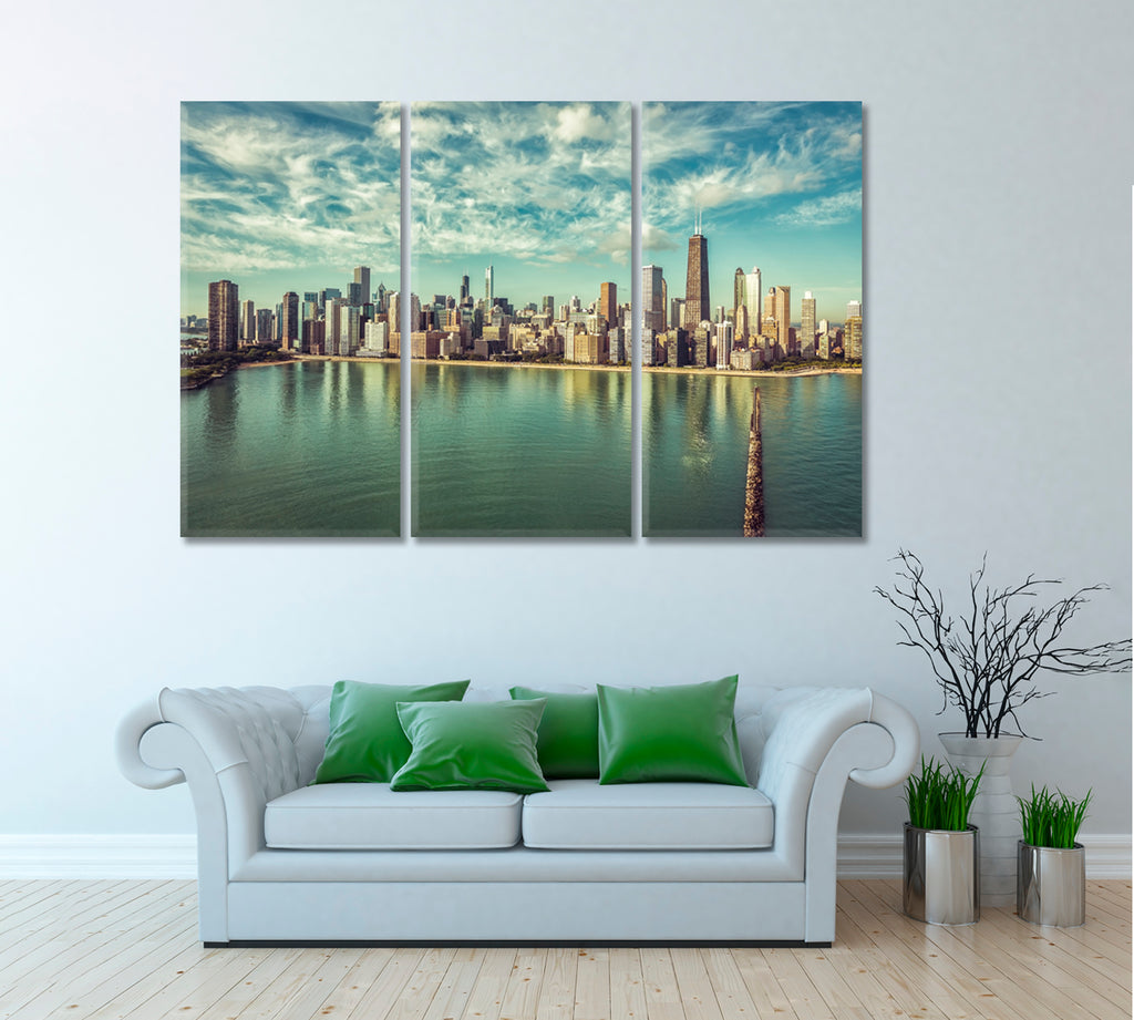 Beautiful Chicago Skyline Skyscrapers Canvas Print ArtLexy 3 Panels 36"x24" inches 