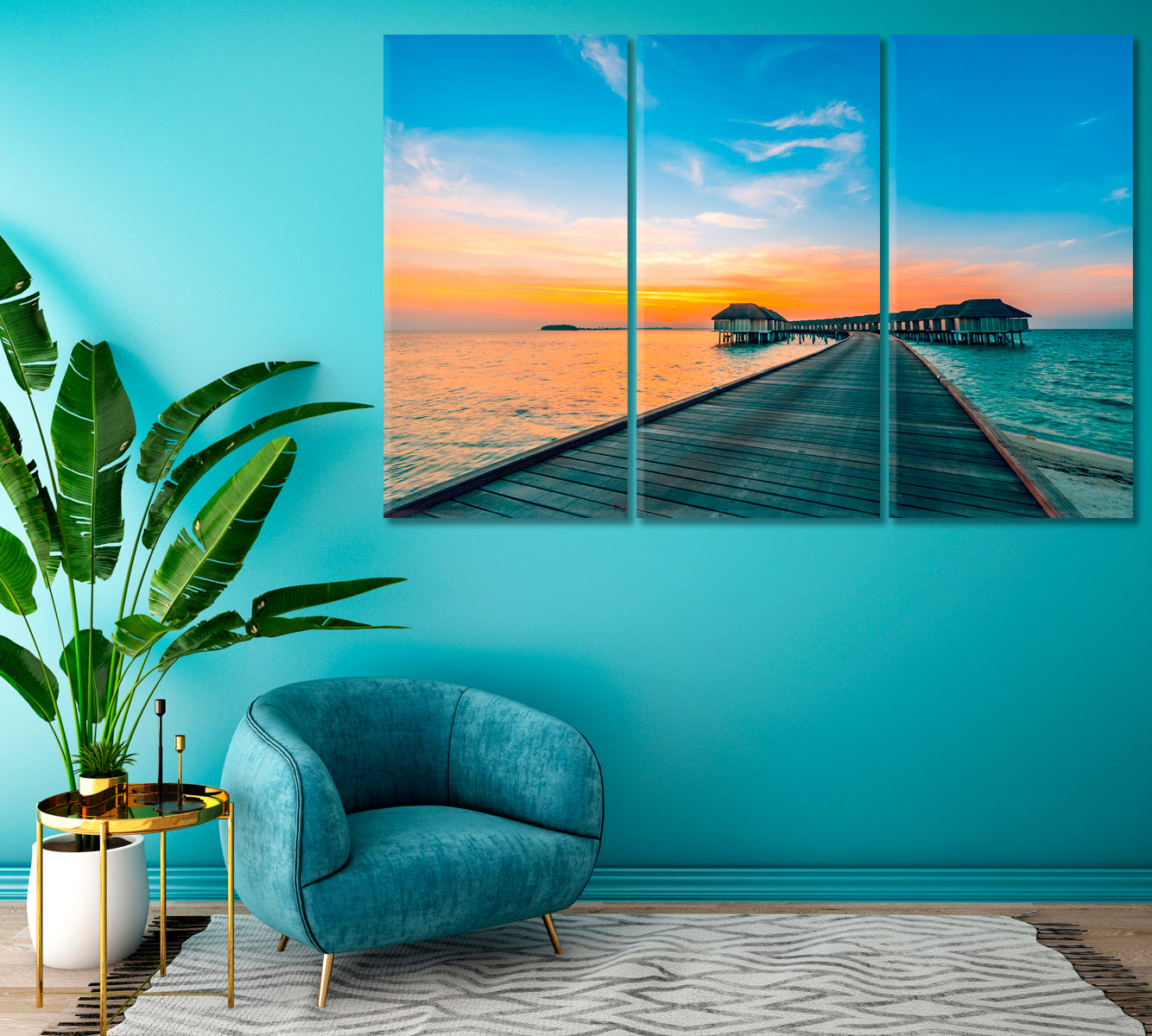 Beautiful Sunset over Indian Ocean Maldives Canvas Print ArtLexy 3 Panels 36"x24" inches 