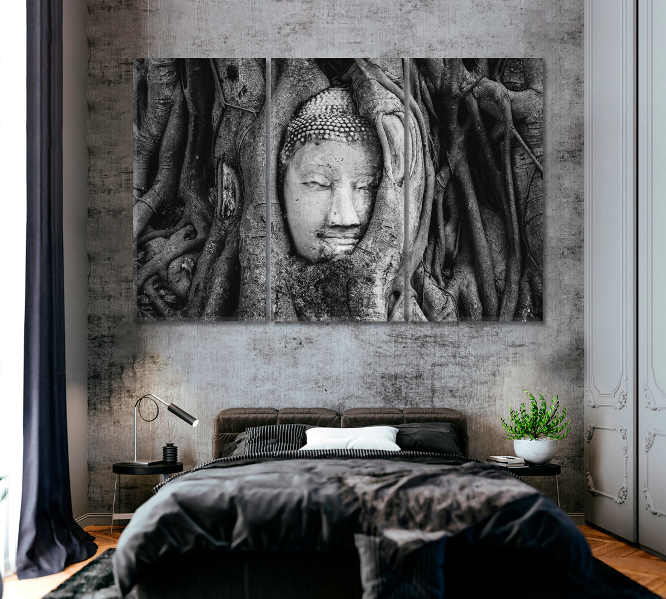 Buddha Head in Banyan Tree Wat Mahathat Thailand Canvas Print ArtLexy 3 Panels 36"x24" inches 