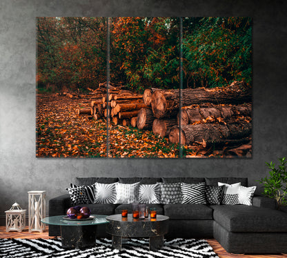 Pine Logs in Forest Canvas Print ArtLexy 3 Panels 36"x24" inches 