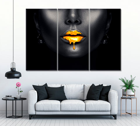 Beautiful Lips with Golden Drops Canvas Print ArtLexy 3 Panels 36"x24" inches 