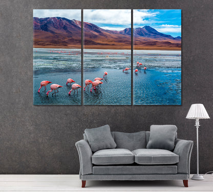 Pink Flamingos in Lake Hedionda and Andes Mountains Bolivia Canvas Print ArtLexy 3 Panels 36"x24" inches 