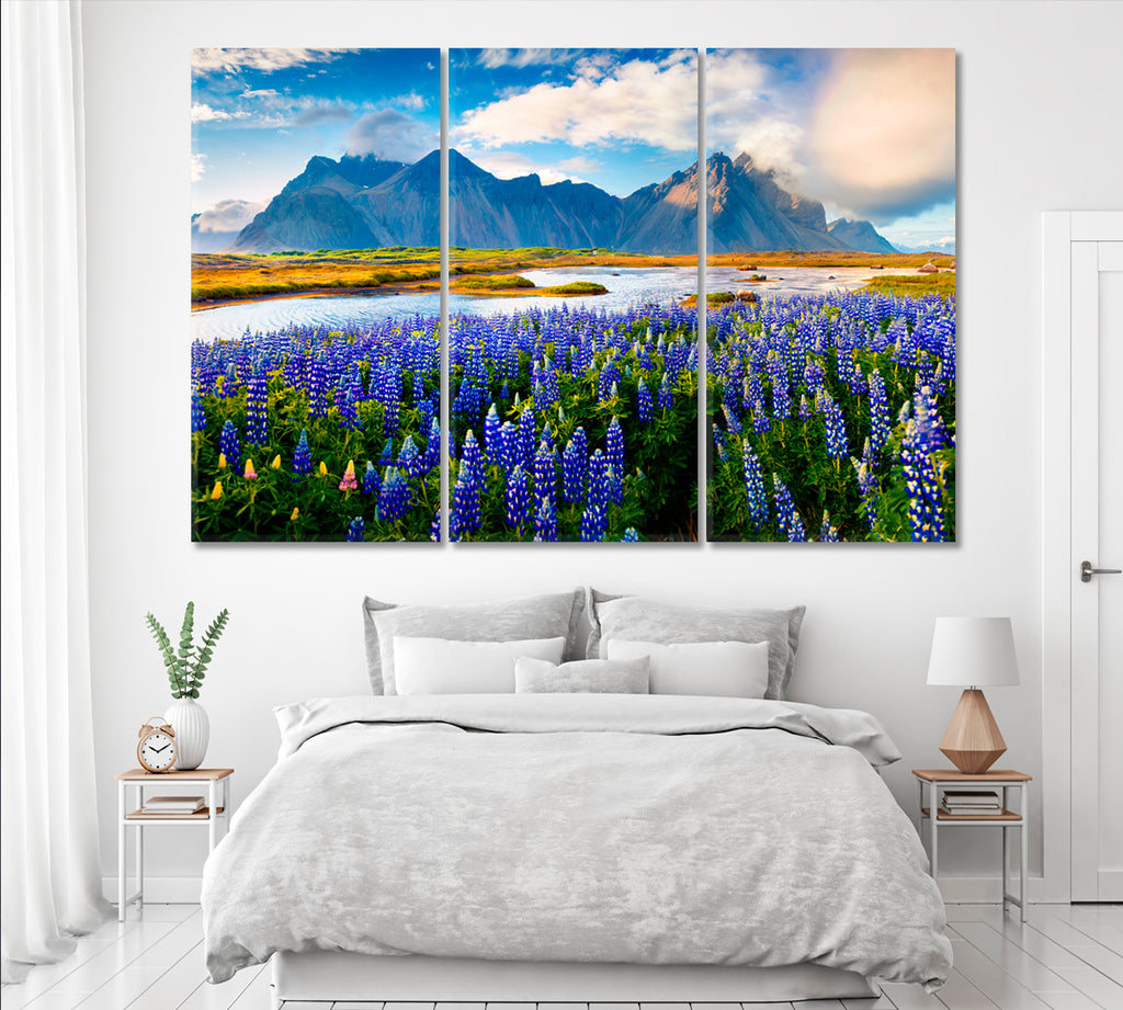 Vestrahorn Mountain and Beautiful Lupine Flowers Iceland Canvas Print ArtLexy 3 Panels 36"x24" inches 