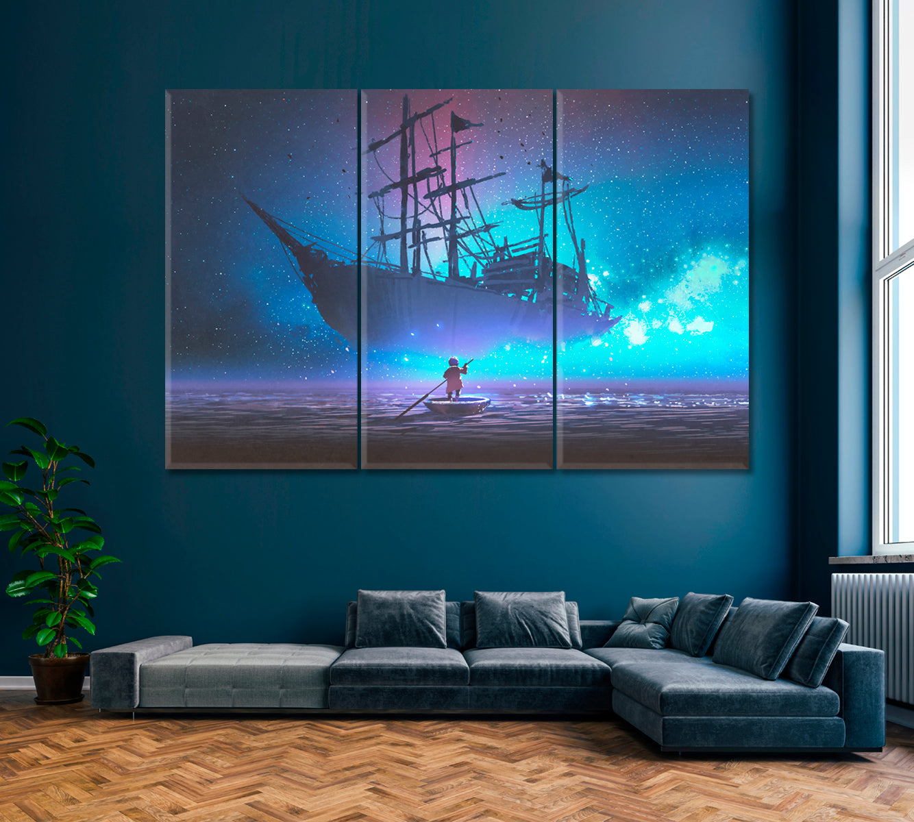 Sailing Ship Floating in Starry Sky Canvas Print ArtLexy 3 Panels 36"x24" inches 