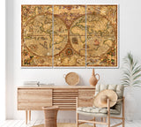 Vintage World Map Canvas Print ArtLexy 3 Panels 36"x24" inches 