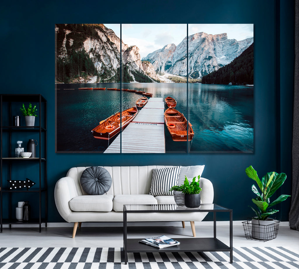 Lake Braies Pragser Wildsee in Dolomites Mountains Italy Canvas Print ArtLexy 3 Panels 36"x24" inches 