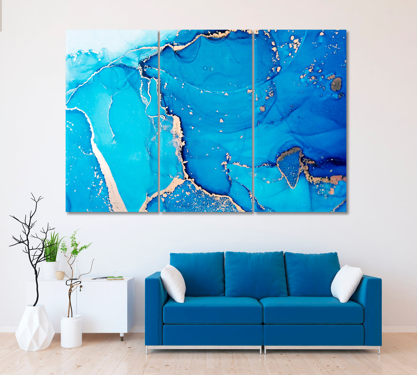 Abstract Blue Mixed Ink Pattern Canvas Print ArtLexy 3 Panels 36"x24" inches 
