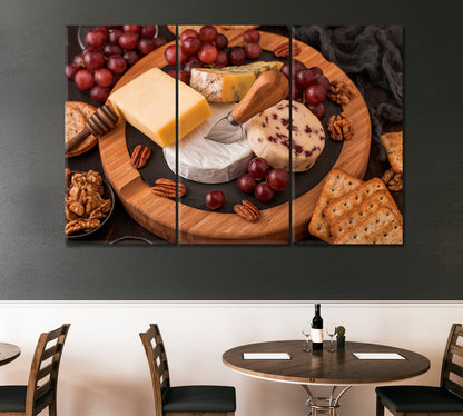 Various Cheese on Wooden Board Canvas Print ArtLexy 3 Panels 36"x24" inches 