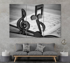 Vintage Wooden Music Notes Canvas Print ArtLexy 3 Panels 36"x24" inches 