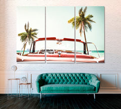 Summer Car on Beach With Palm Canvas Print ArtLexy 3 Panels 36"x24" inches 