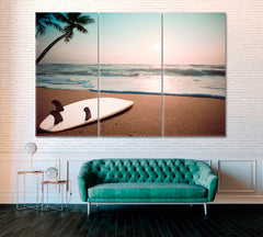 Surfboard on Tropical Beach Canvas Print ArtLexy 3 Panels 36"x24" inches 