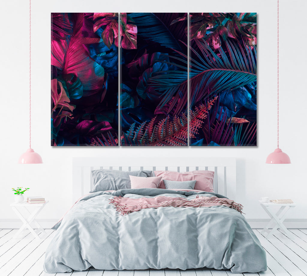 Tropical Neon Leaves Canvas Print ArtLexy 3 Panels 36"x24" inches 