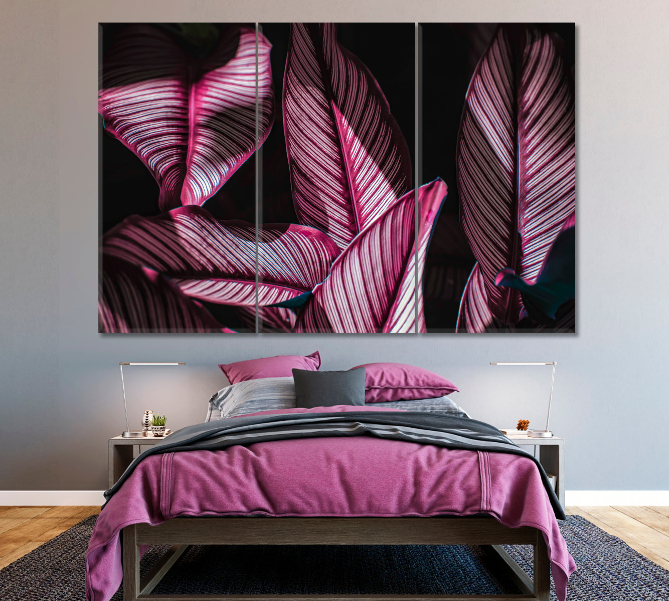 Purple Tropical Leaves Canvas Print ArtLexy 3 Panels 36"x24" inches 