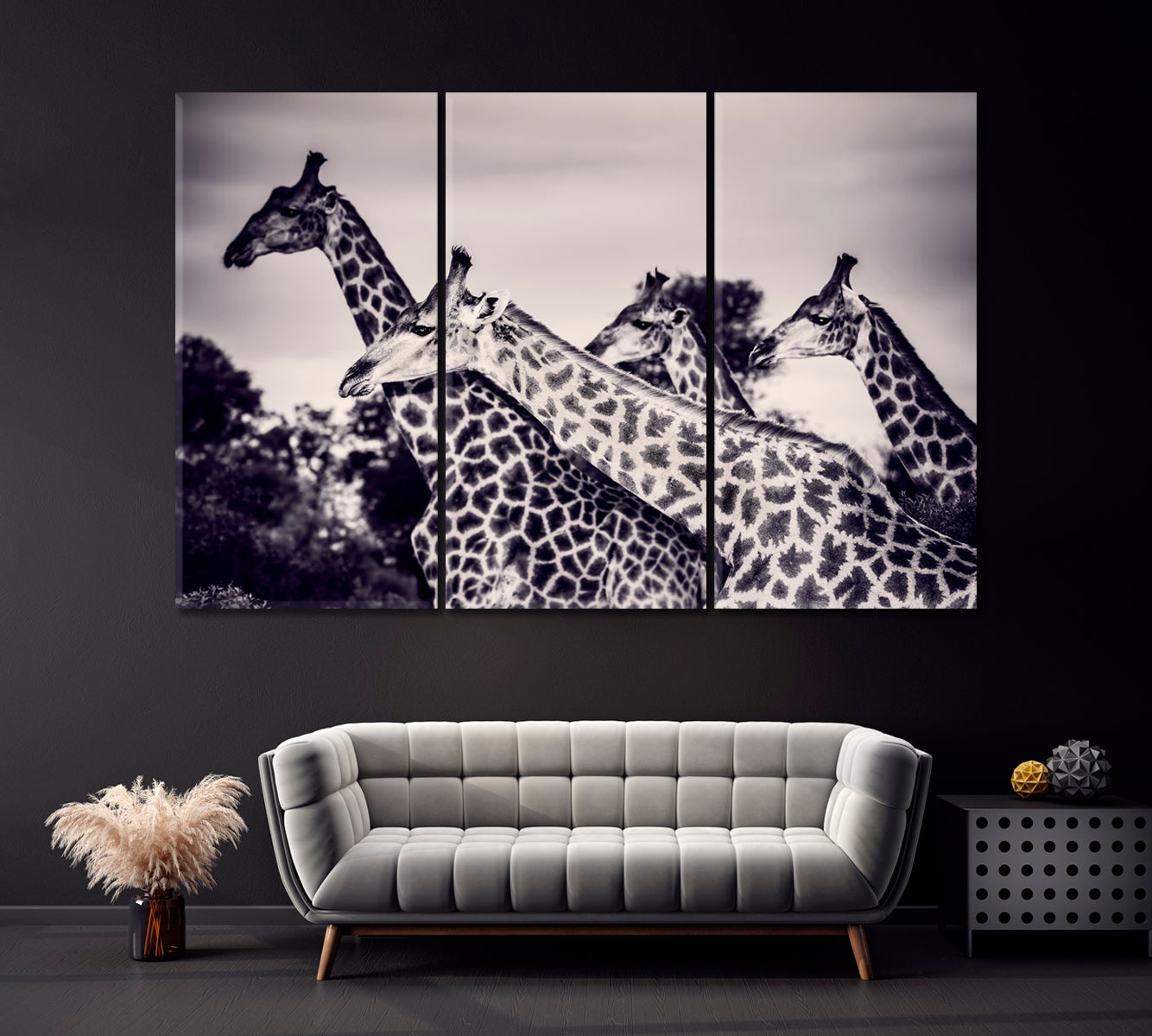 Giraffes in Black and White Canvas Print ArtLexy 3 Panels 36"x24" inches 