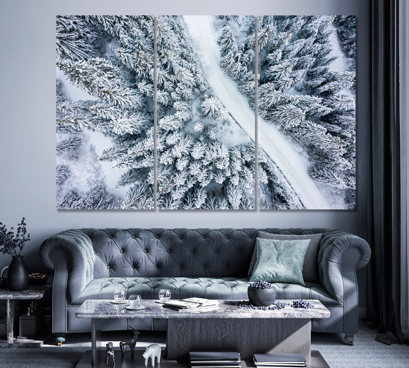 Snowy Road in Winter Forest Canvas Print ArtLexy 3 Panels 36"x24" inches 