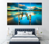 Wooden Pier or Jetty Remains on Blue Lake Tuscany Italy Canvas Print ArtLexy 3 Panels 36"x24" inches 
