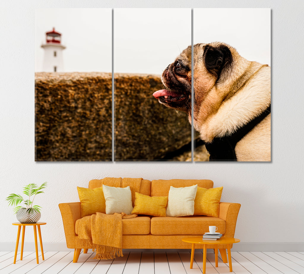 Pug Dog and Peggys Point Lighthouse Canada Canvas Print ArtLexy 3 Panels 36"x24" inches 