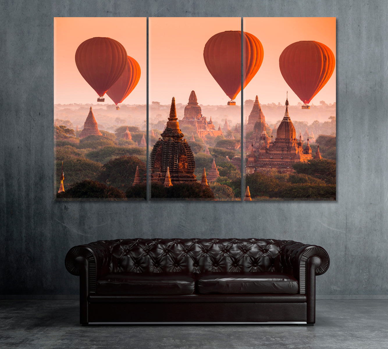 Balloons over Bagan Myanmar Canvas Print ArtLexy 3 Panels 36"x24" inches 
