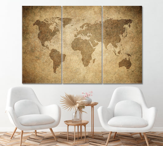 Grunge World Map Canvas Print ArtLexy 3 Panels 36"x24" inches 