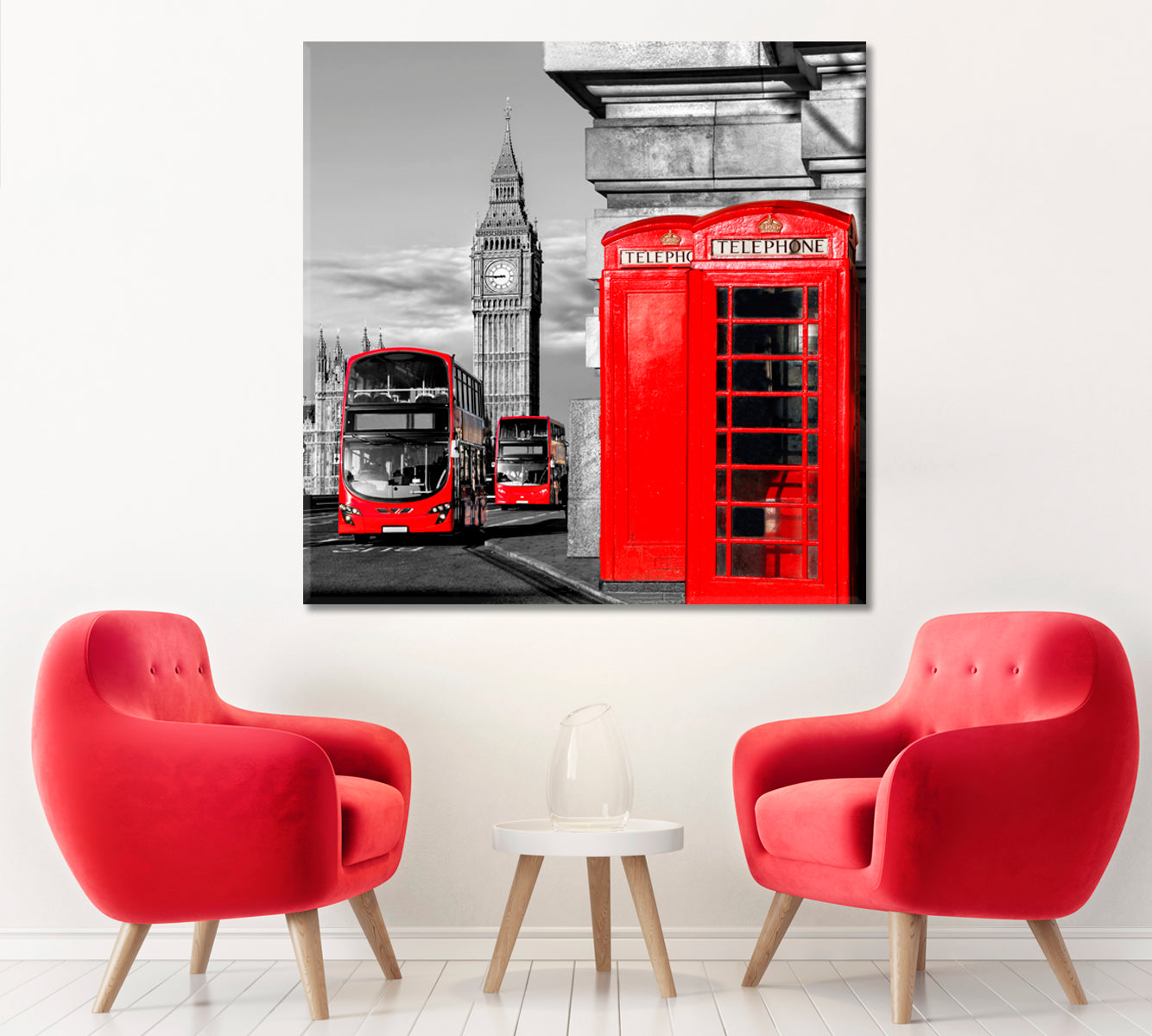 Big Ben & Double Decker Bus & Red Telephone Booths London Canvas Print ArtLexy 1 Panel 12"x12" inches 