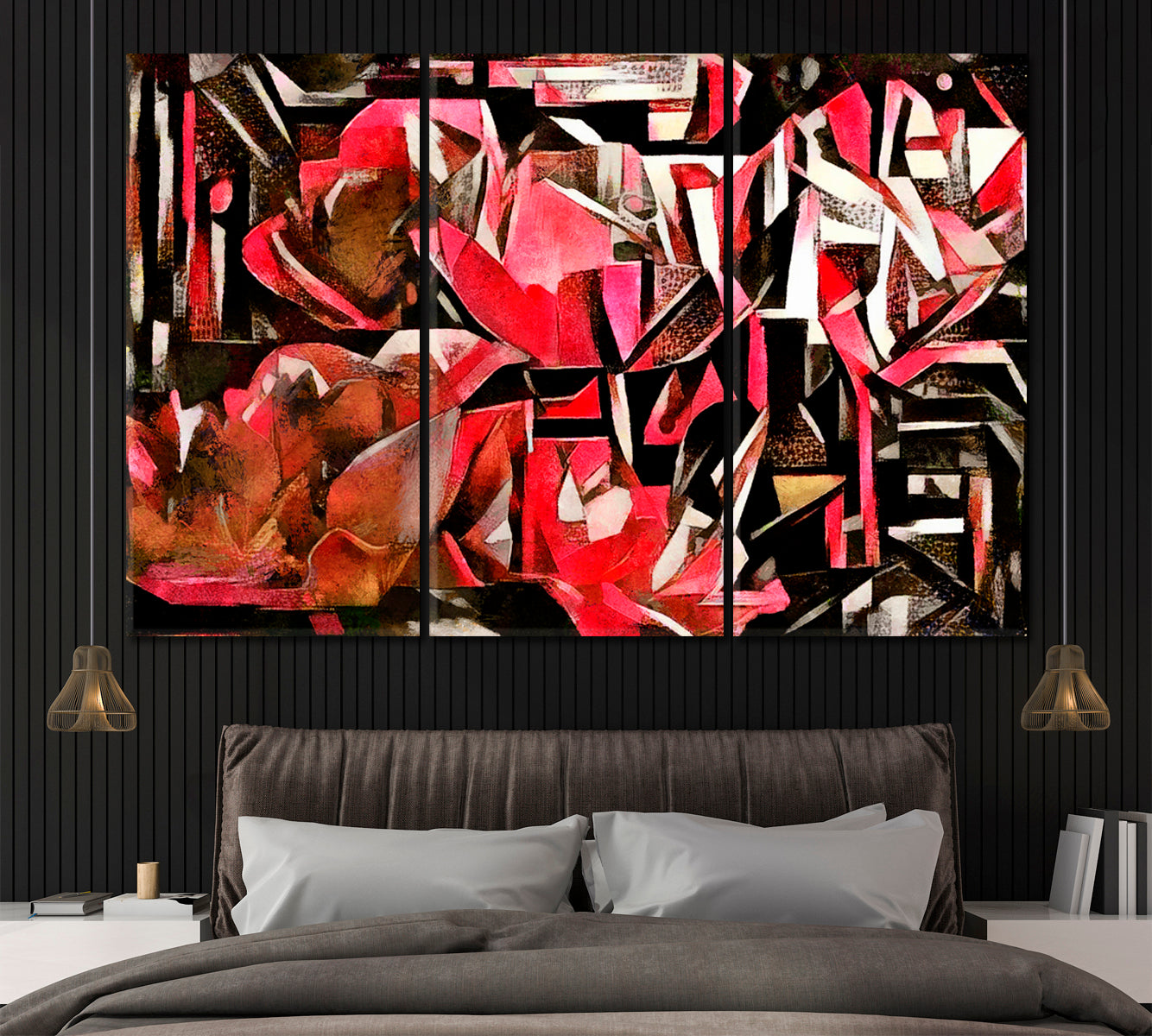 Peonies in Cubism Style Canvas Print ArtLexy 3 Panels 36"x24" inches 