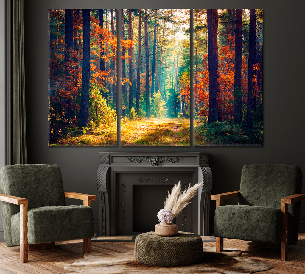 Beautiful Forest with Sun Rays Canvas Print ArtLexy 3 Panels 36"x24" inches 