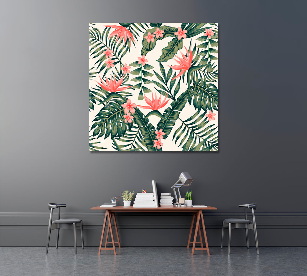 Tropical Palm Leaves and Bird of Paradise Flowers Canvas Print ArtLexy   
