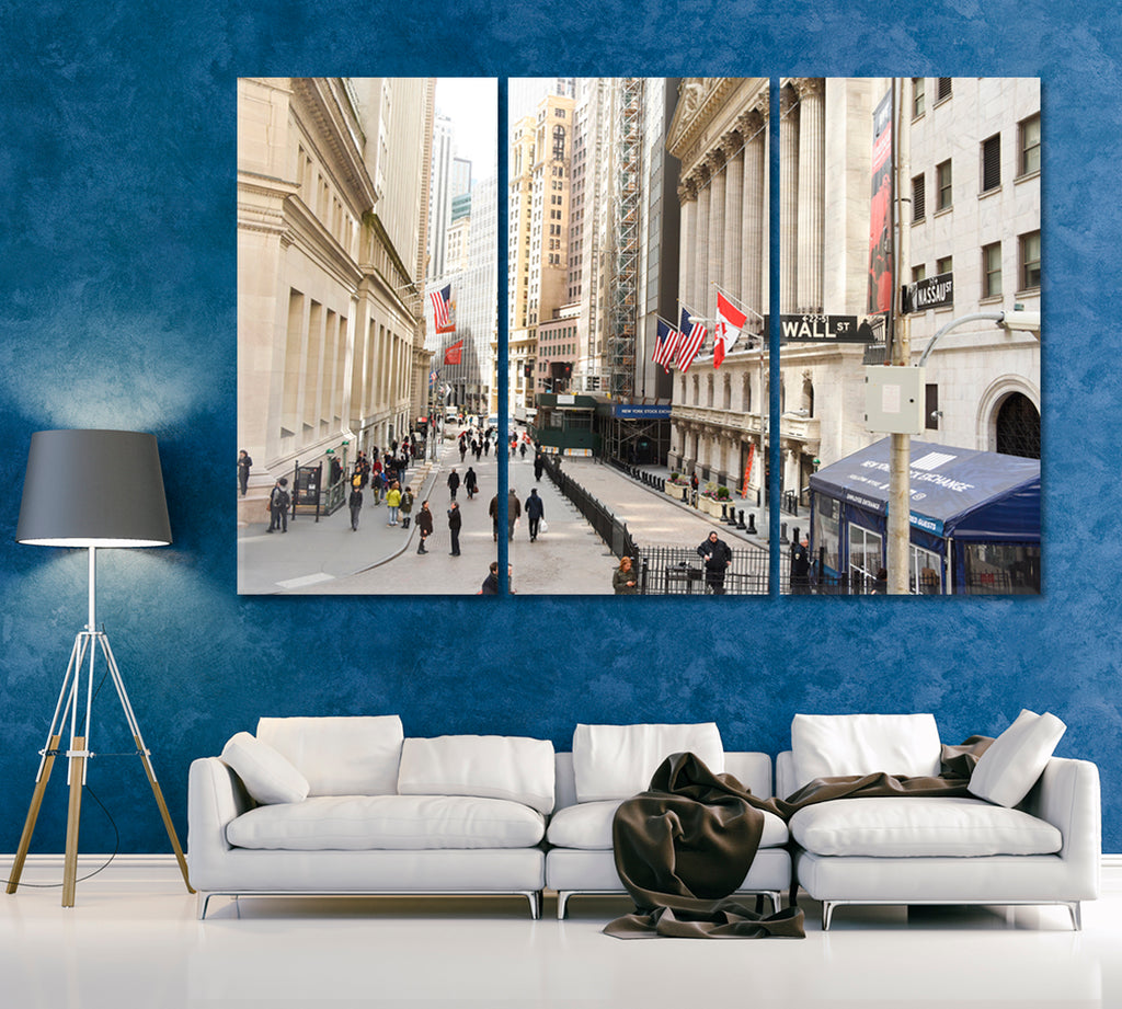 Wall Street Sign and New York Stock Exchange Canvas Print ArtLexy 3 Panels 36"x24" inches 
