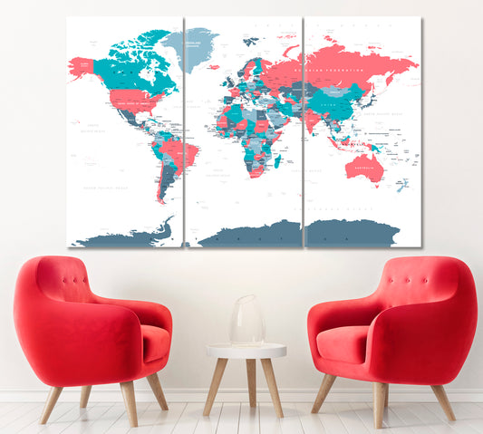 Political Physical World Map Canvas Print ArtLexy 3 Panels 36"x24" inches 