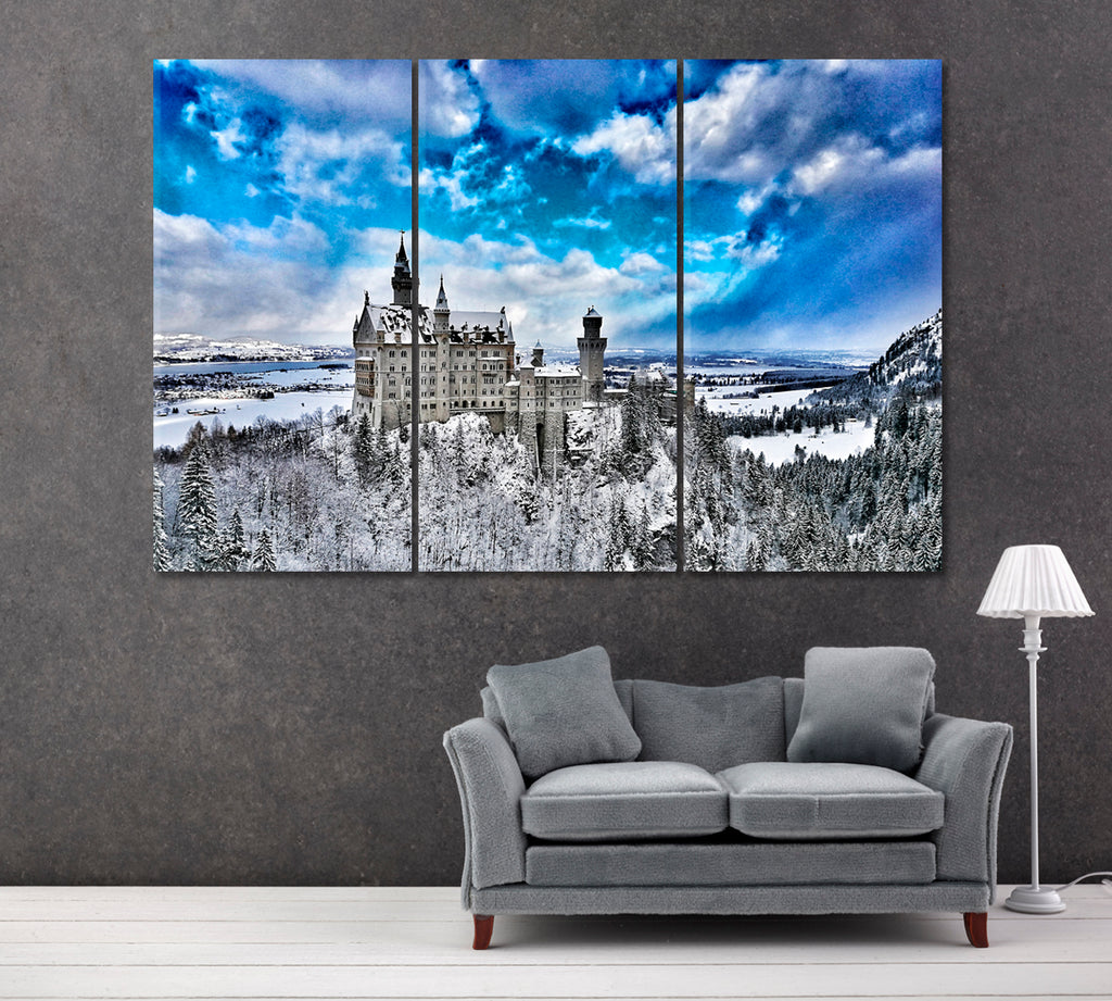 Neuschwanstein Castle in Winter Germany Canvas Print ArtLexy 3 Panels 36"x24" inches 