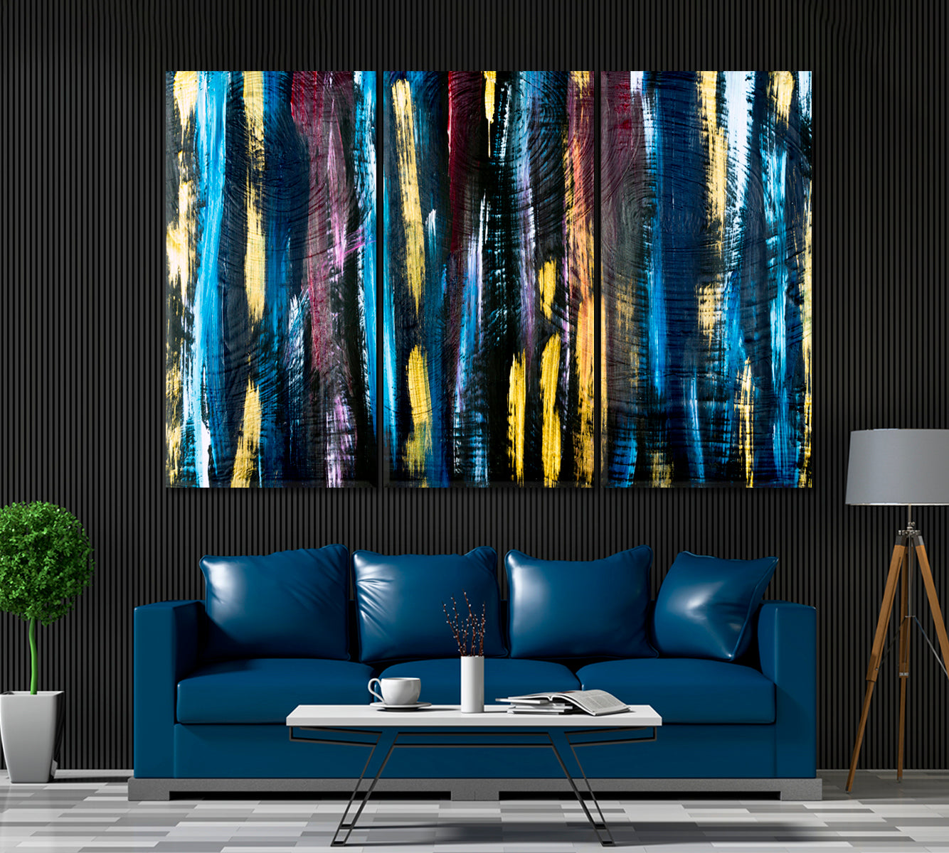 Abstract Contemporary art Bright Stripes and Brush Strokes Canvas Print ArtLexy 3 Panels 36"x24" inches 