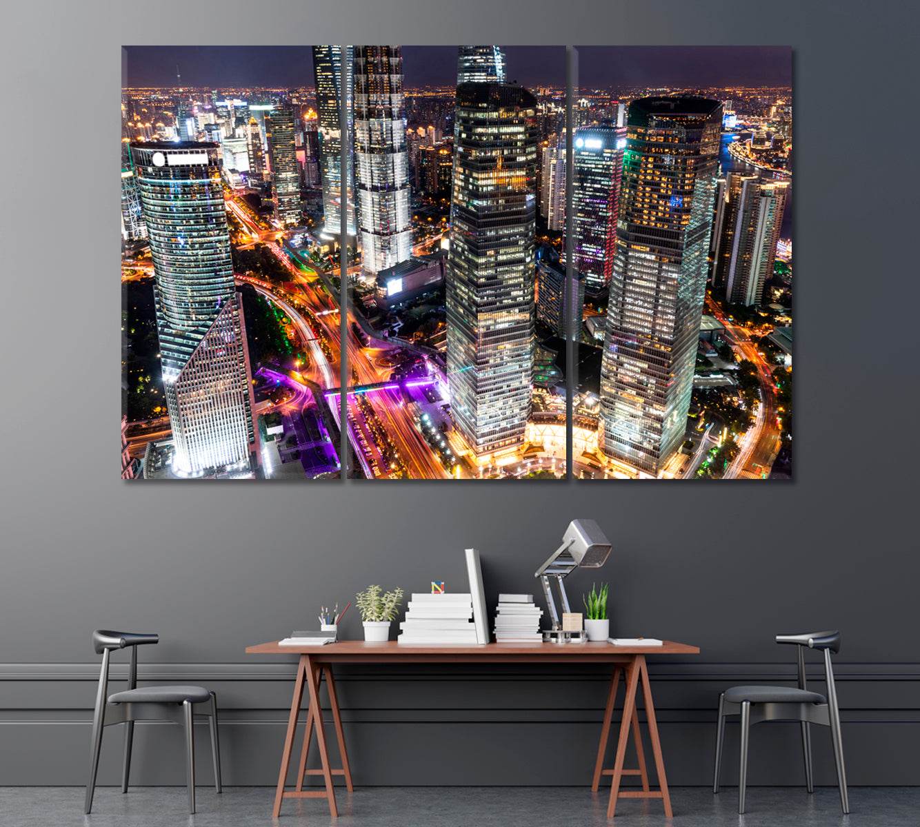 Modern City at Night in Shanghai Canvas Print ArtLexy 3 Panels 36"x24" inches 