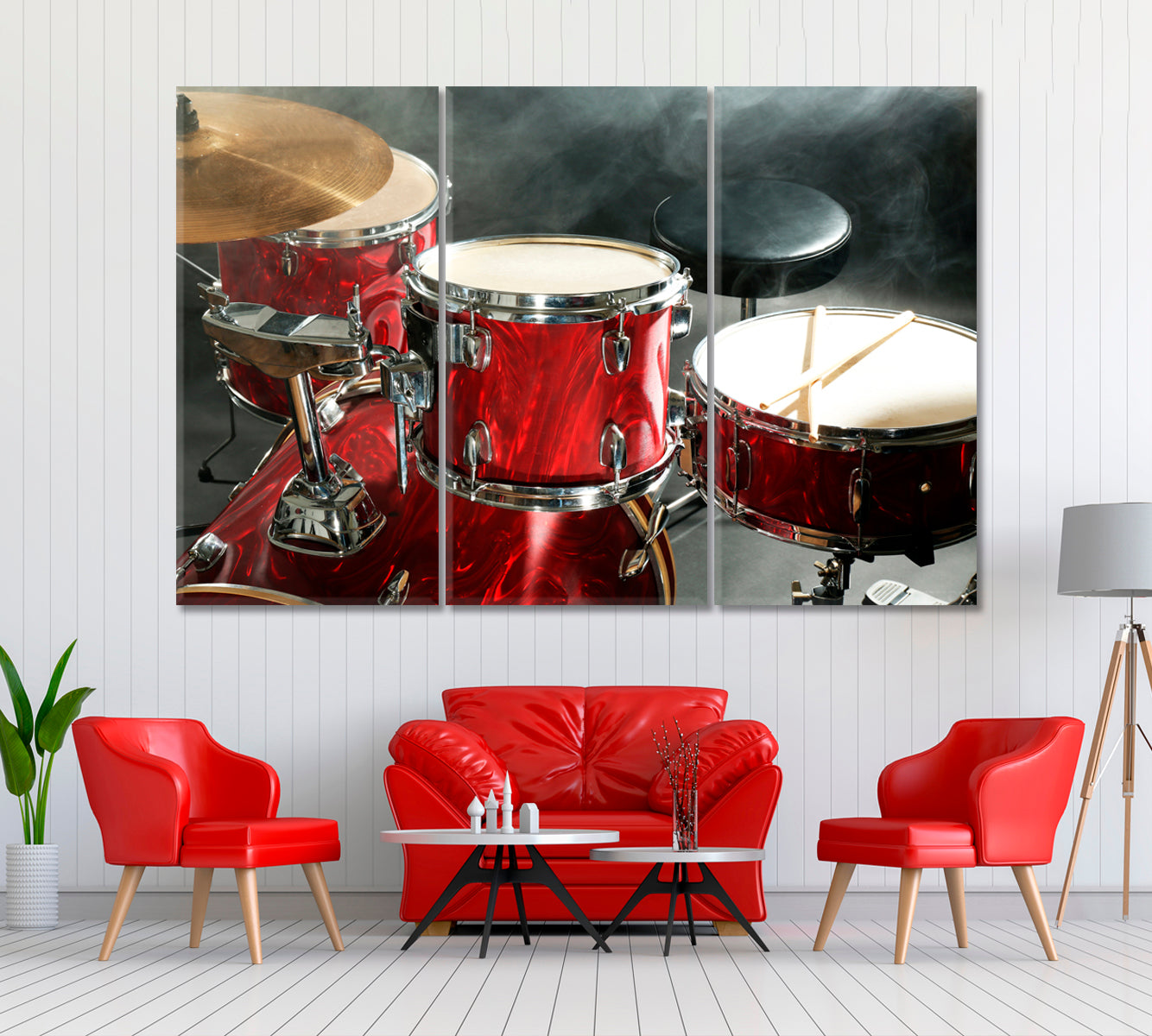 Drum Set in Smoke Canvas Print ArtLexy 3 Panels 36"x24" inches 