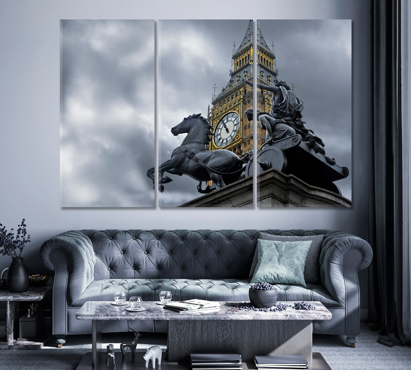 Big Ben and Boadicea Statue Canvas Print ArtLexy 3 Panels 36"x24" inches 